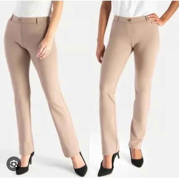 Betabrand Pants Women Large Petite Tan Straight Leg Classic Stretch Pull On Knit - Picture 1 of 5